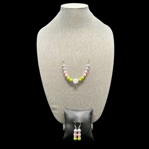 Necklace & Earrings Set Colorful Beads Silver Tone Lobster Clasp Dangle Spring - Picture 1 of 8